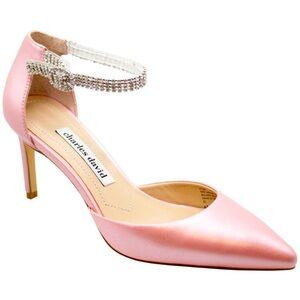 Charles David Rhinestones Leather Pink Satin Ankle Strap Heels, Women’s Sz 9